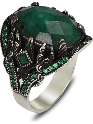 Mirari Jewelry Işlemeli Tasarım Zümrüt Taşlı Erkek Yüzük | Premium 0,40 Mikron Gümüş Kaplama