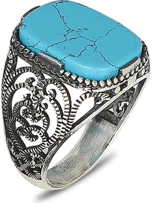 Mirari Jewelry Firuze Taşlı Desenli Erkek Yüzük | Premium 0,40 Mikron Gümüş Kaplama
