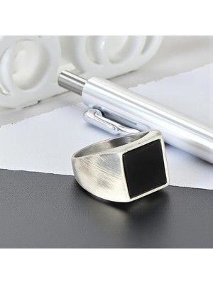 Mirari Jewelry Minimal Kare Oniks Erkek Yüzük | Premium 0,40 Mikron Gümüş Kaplama