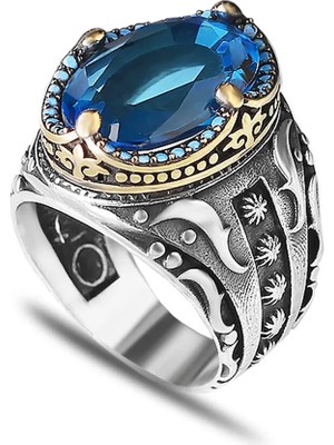 Mirari Jewelry Akuamarin Taşlı Oval Kesim Taş Detaylı Işlemeli Erkek Yüzük | Premium 0,40 Mikron Gümüş Kaplama
