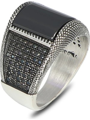 Mirari Jewelry Oniks Taşlı Mikro Zirkon Taş Detaylı Erkek Yüzük | Premium 0,40 Mikron Gümüş Kaplama