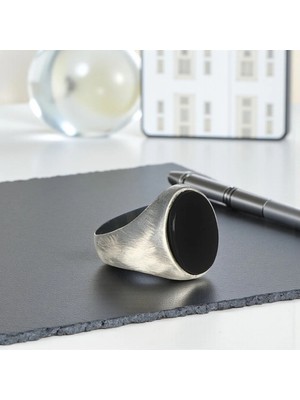 Mirari Jewelry Minimal Oval Oniks Taşlı Erkek Yüzük | Premium 0,40 Mikron Gümüş Kaplama