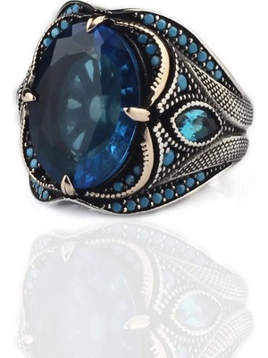 Mirari Jewelry Blue Topaz Taşlı Desenli Işlemeli Erkek Yüzük | Premium 0,40 Mikron Gümüş Kaplama