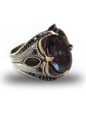 Mirari Jewelry Mistik Topaz Taşlı Desenli Işlemeli Erkek Yüzük | Premium 0,40 Mikron Gümüş Kaplama