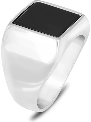 Mirari Jewelry Kare Oniks Taşlı Sade Model Erkek Yüzük | Premium 0,40 Mikron Gümüş Kaplama