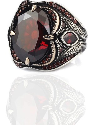 Mirari Jewelry Garnet Taşlı Desenli Işlemeli Erkek Yüzük | Premium 0,40 Mikron Gümüş Kaplama
