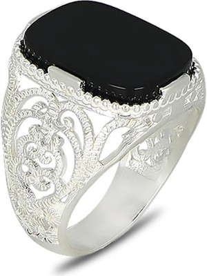 Mirari Jewelry Oniks Taşlı Desenli Erkek Yüzük |premium 0,40 Mikron Gümüş Kaplama