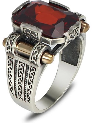 Mirari Jewelry Garnet Taşlı Altın Detaylı Modern Erkek Yüzük | Premium 0,40 Mikron Gümüş Kaplama