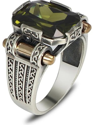 Mirari Jewelry Peridot Taşlı Altın Detaylı Modern Erkek Yüzük | Premium 0,40 Mikron Gümüş Kaplama