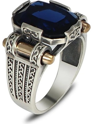 Mirari Jewelry Safir Taşlı Altın Detaylı Modern Erkek Yüzük | Premium 0,40 Mikron Gümüş Kaplama