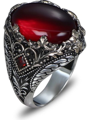 Mirari Jewelry Kırmızı Zirkon Taşlı Erkek Yüzük Vintage Tasarım | Premium 0,40 Mikron Gümüş Kaplama