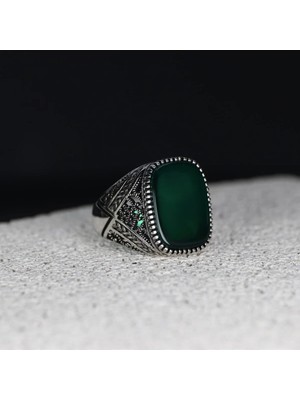 Mirari Jewelry Yeşil Akik Taşlı Oval Kesim Osmanlı Motifli Erkek Yüzük | Premium 0,40 Mikron Gümüş Kaplama