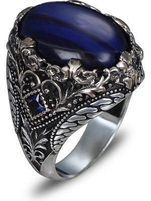 Mirari Jewelry Mavi Kaplangözü Taşlı Erkek Yüzük Vintage Tasarım | Premium 0,40 Mikron Gümüş Kaplama