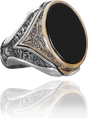Mirari Jewelry Siyah Oniks Taşlı Erkek Yüzük Gold Detaylı Oval Klasik Tasarım | Premium 0,40 Mikron Gümüş Kaplama