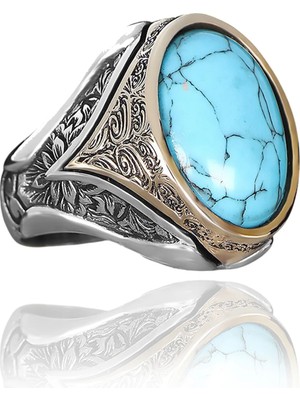 Mirari Jewelry Firuze Taşlı Erkek Yüzük Gold Detaylı Oval Klasik Tasarım | Premium 0,40 Mikron Gümüş Kaplama