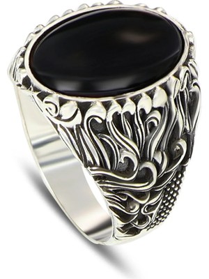 Mirari Jewelry Vintage Desenli Siyah Oniks Taşlı Erkek Yüzük | Premium 0,40 Mikron Gümüş Kaplama