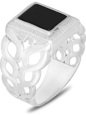 Mirari Jewelry Kare Oniks Taşlı Zincir Form Erkek Yüzük | Premium 0,40 Mikron Gümüş Kaplama