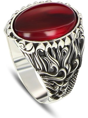 Mirari Jewelry Vintage Desenli Kırmızı Zirkon Taşlı Erkek Yüzük | Premium 0,40 Mikron Gümüş Kaplama