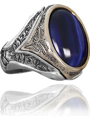 Mirari Jewelry Mavi Kaplangözü Taşlı Erkek Yüzük Gold Detaylı | Premium 0,40 Mikron Gümüş Kaplama