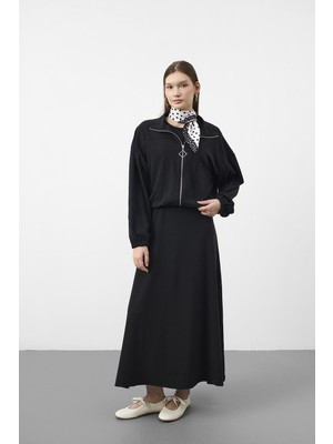 Basic Park Siyah Kadın Premium Tencel Doku Sweat Üstlü Midi Elbise Takım
