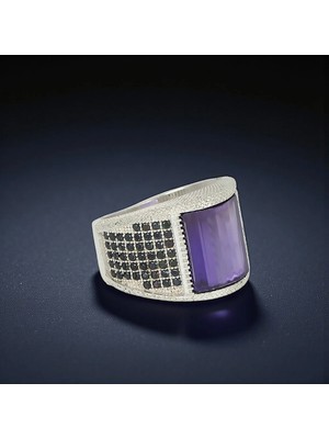 Mirari Jewelry Ametist ve Mikro Zirkon Taşlı Erkek Yüzük | Premium 0,40 Mikron Gümüş Kaplama