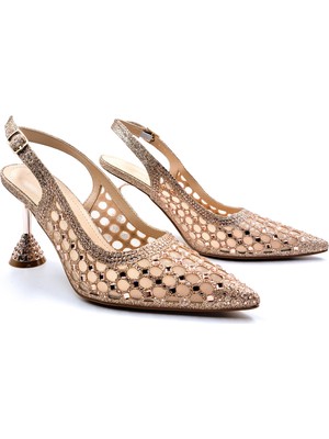 Guja G26Y313 Sivri Burun Sling Back Taşlı ve 8 cm Ince Topuklu Metalik Bronz Renk Kadın Burnu Kapalı Abiye Ayakkabı