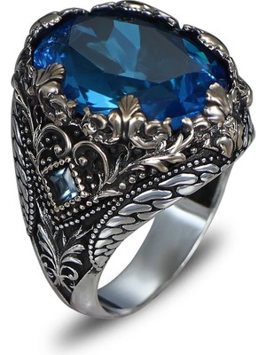 Mirari Jewelry Akuamarin Taşlı Erkek Yüzük Vintage Tasarım | Premium 0,40 Mikron Gümüş Kaplama