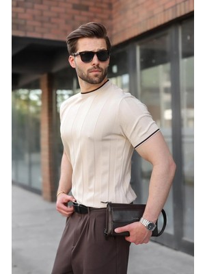 Madmext Taş Rengi Bisiklet Yaka Regular Fit Triko Erkek Tişört E7487