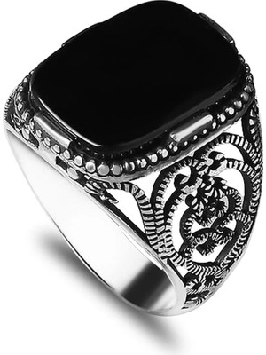 Mirari Jewelry Otantik Desenli Oniks Taşlı Erkek Yüzük | Premium 0,40 Mikron Gümüş Kaplama