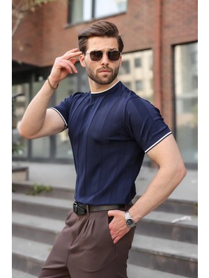 Madmext Lacivert Bisiklet Yaka Regular Fit Triko Erkek Tişört E7487