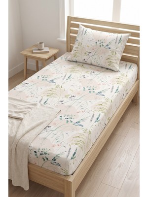Maki Home %100 Pamuklu Çiçekli 120X200 Tek Kişilik Lastikli Çarşaf Bohem Tarz Doğal Bitki Desenli