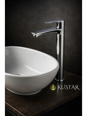 Kustar Lüks Çanak Lavabo Bataryası | Yüksek Gövdeli Banyo Musluğu | Krom Kaplama Tek Kollu Lavabo Bataryası