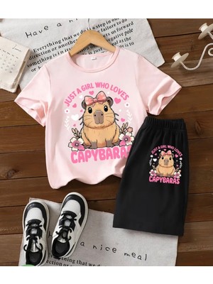 Nigrum Pardus Nıgrum Pardus Yeni Sezon Capybara Loves Baskılı %100 Pamuk Kız Çocuk T-Shirt Şort Takım