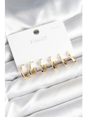 Renas Store Gold Renk Pirinç Kare Halka Model 925 Ayar Gümüş Çivili Kadın Küpe Seti