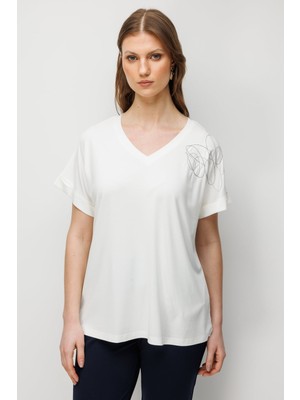 On Kadın Büyük Beden Tek Omzu Zincirli V Yaka T-Shirt 71368 Ekru
