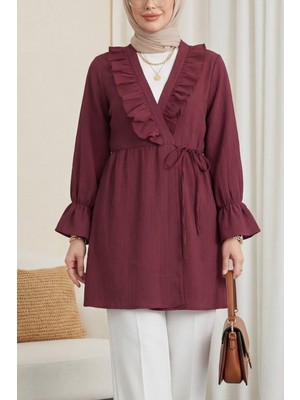 Moda Morfo Önü Fırfırlı Bağlamalı Krinkıl Kimono -Bordo