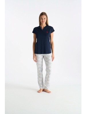 U.S. Polo Assn. Kadın V Yaka Şortlu Desenli Ev Giyim Lacivert Renk Pijama Takımı 026YC.Z2.ETA0.GR2.OUP35.KM