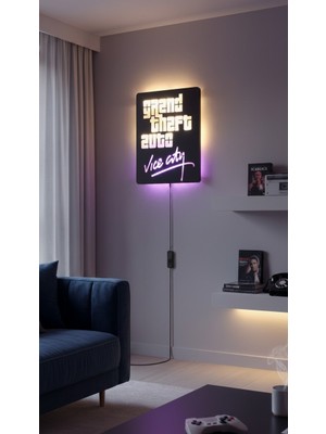 Wells Gta Vice City Edition - Nostaljik Oyuncu Odası Rgb LED Işıklı Ahşap Duvar Tablosu (67X55 Cm)