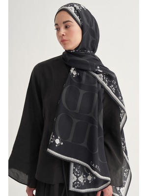 Siyah Carell Luxe Çiçekli Monogram Floş Şal