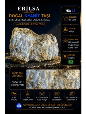 Erilsa Sertifikalı Doğal Kyanit Taşı Ham Kristal Kaya Dekoratif Koleksiyonluk Taş No 16