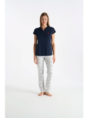 U.S. Polo Assn. Kadın V Yaka Şortlu Desenli Ev Giyim Lacivert Renk Pijama Takımı 026YC.Z2.ETA0.GR2.OUP35.KM