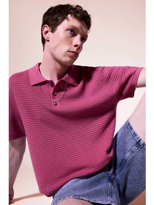 DeFacto %100 Pamuk Relax Fit Basic Kısa Kollu Triko Mor Polo Tişört G3416AX26SM