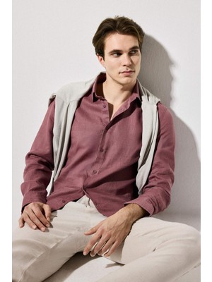 DeFacto %100 Keten Regular Fit Polo Yaka Yazlık Basic Düz Uzun Kollu Bordo Gömlek C1825AX26SM