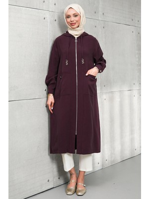 İmaj Butik Mürdüm Fermuarlı Kapüşonlu Kap