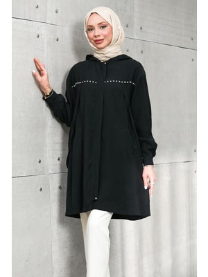 İmaj Butik Siyah Gizli Fermuarlı Kapüşonlu Tunik