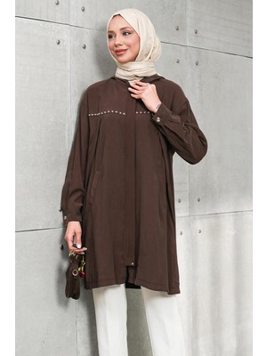 İmaj Butik Kahverengi Gizli Fermuarlı Kapüşonlu Tunik