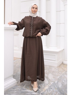 İmaj Butik Kahverengi Kol Lastikli Fermuarlı Ceket Etekli Takım