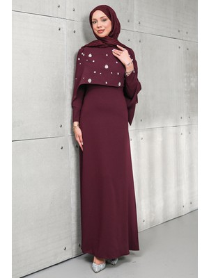 İmaj Butik Bordo Ön Pelerin Detaylı Taşlı Abiye