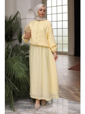 İmaj Butik Sarı Kol Lastikli Fermuarlı Ceket Etekli Takım