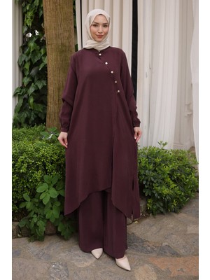 İmaj Butik Mürdüm Düğmeli Tunik Pantolonlu Takım